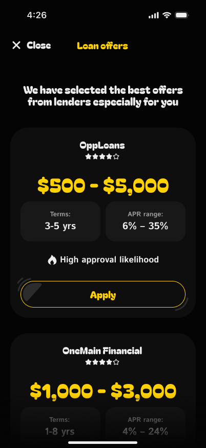 Loan offers list screen